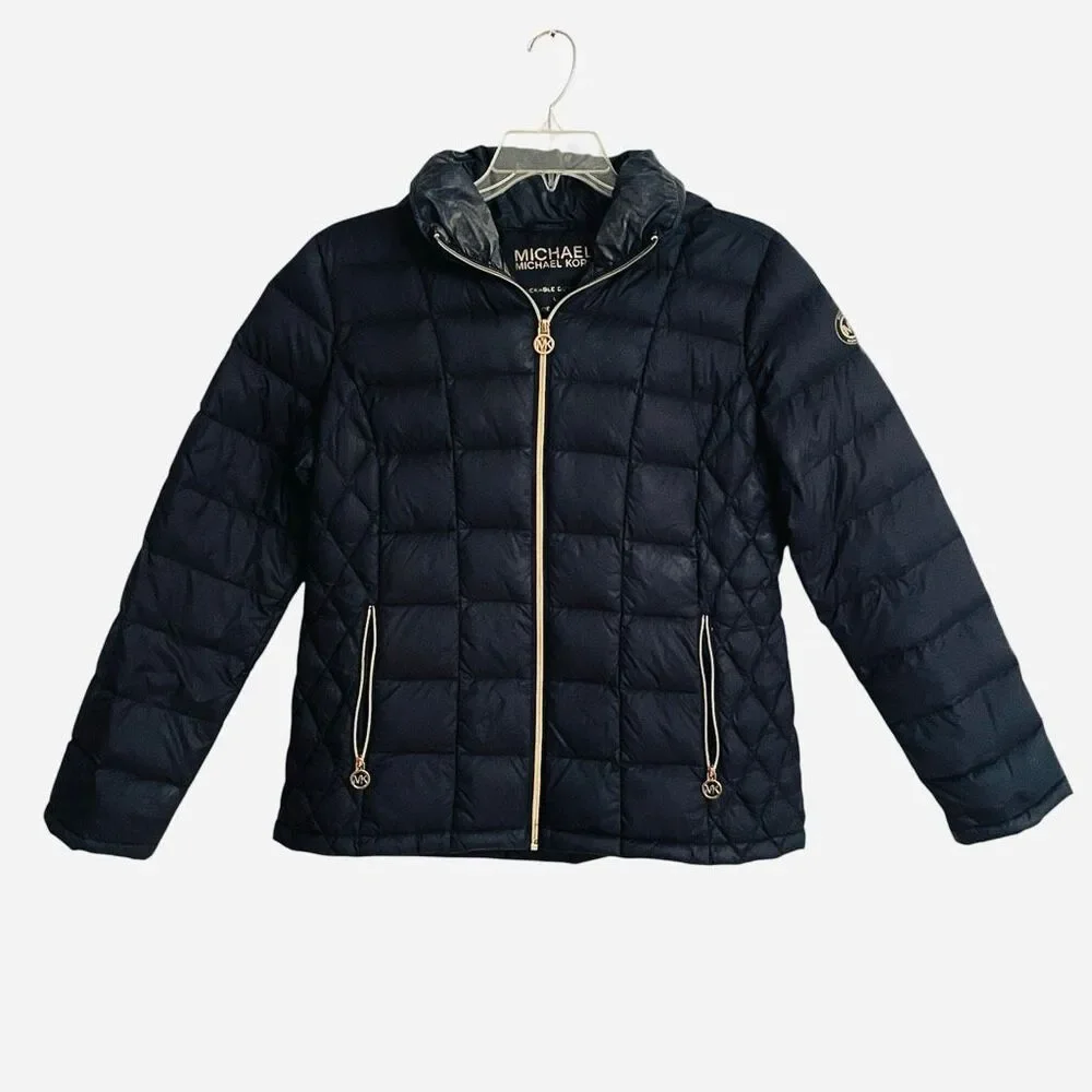 NWT Gorgeous Black MICHAEL KORS L  Packable Quilted Goose Down Puffer Jacket
